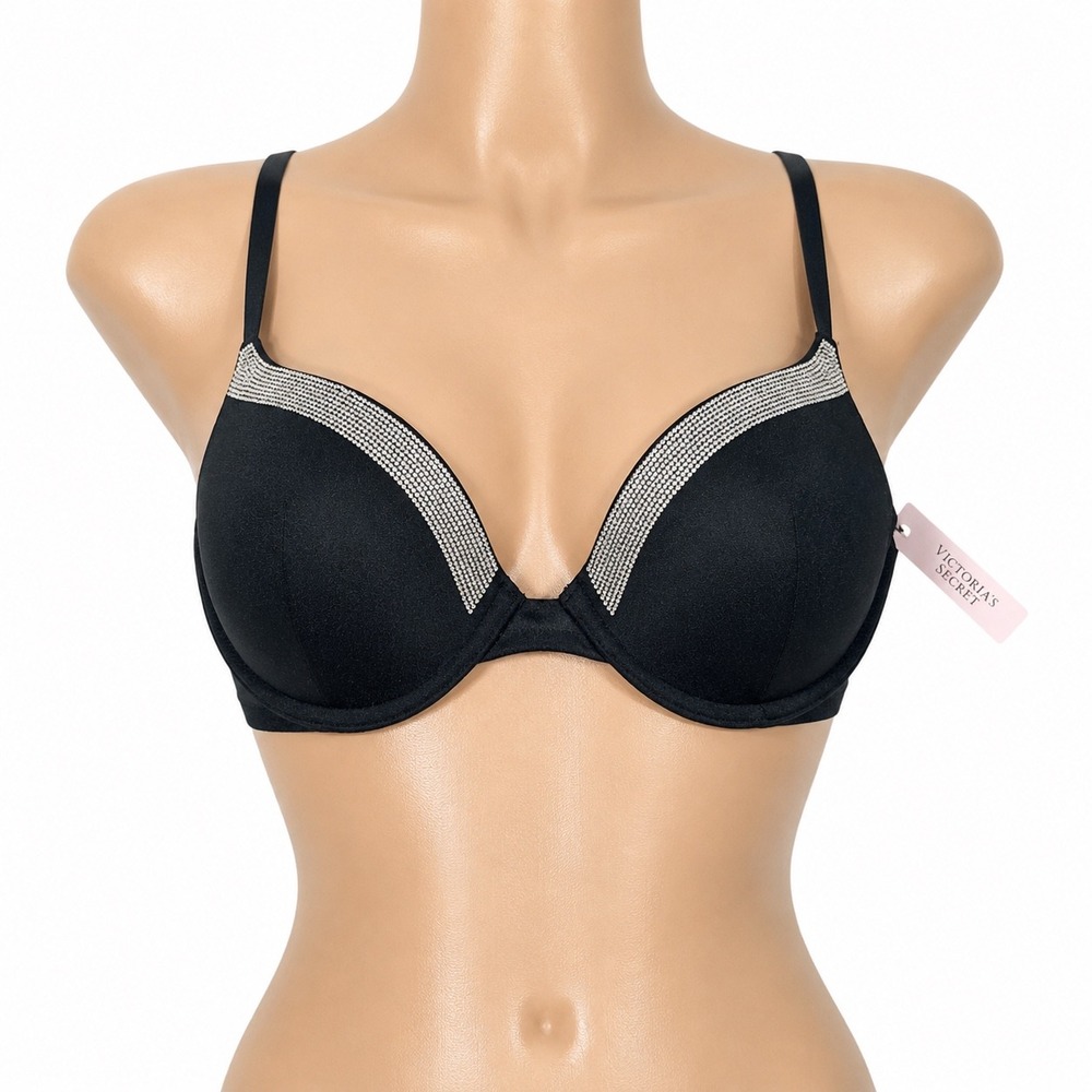 NWT Victorias Secret‎ Rhinestone Shine Push Up Bra Black 34C Crystal Embellished
